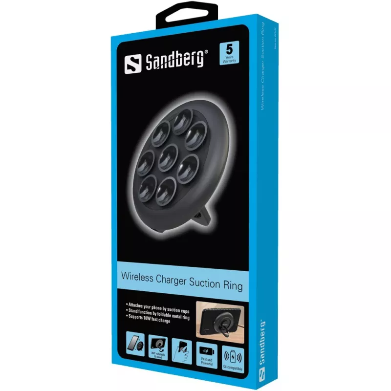 Sandberg Wireless Charger Suction Ring, Indoor, Outdoor, USB, Wireless charging, PowerIQ, Black