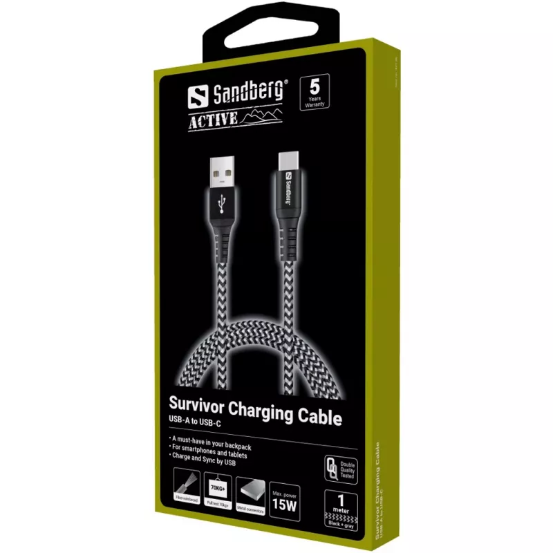 Sandberg Survivor USB-C- USB-A Cable 1M, 1 m, USB A, USB C, USB 2.0, Black, Grey