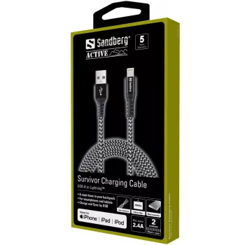 Sandberg Survivor Lightning Cable 2M, 2 m, Lightning, USB A, Male, Male, Black, Grey