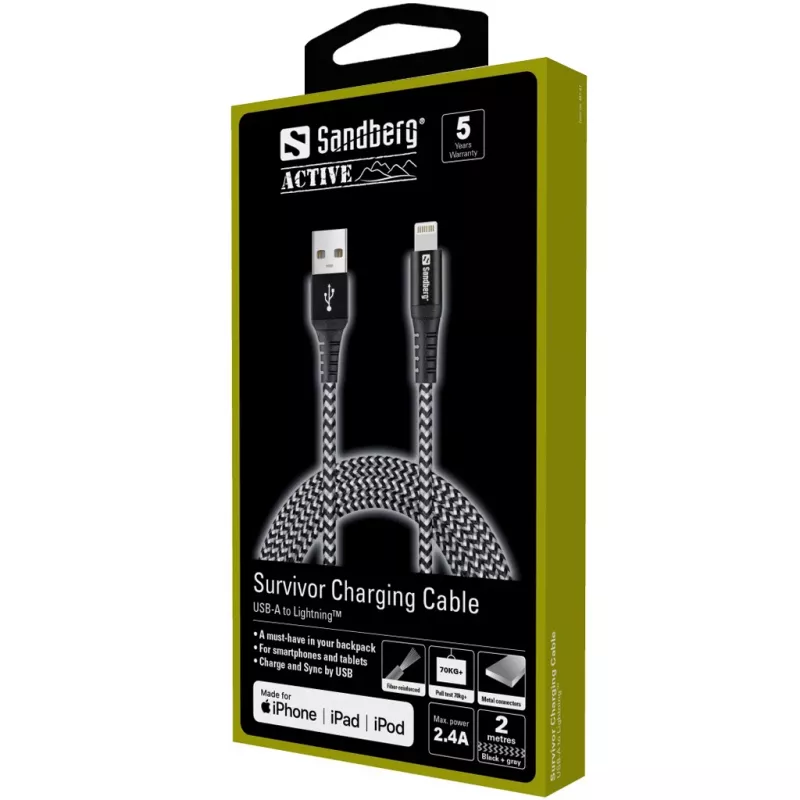 Sandberg Survivor Lightning Cable 2M, 2 m, Lightning, USB A, Male, Male, Black, Grey