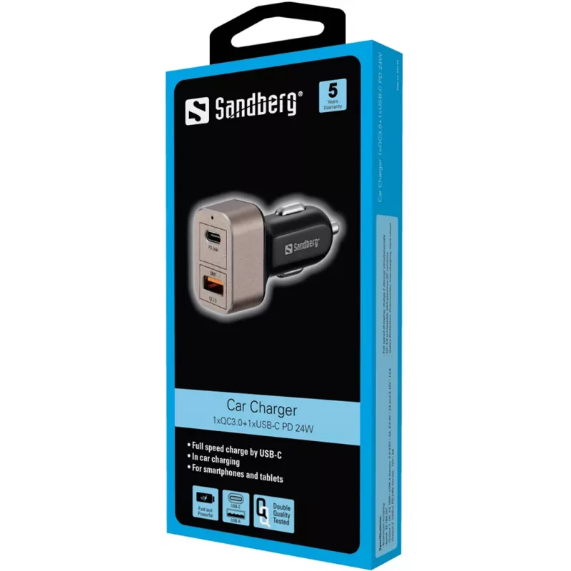 Sandberg Car Charger 1xQC3.0+1xUSBC 24W, Auto, Cigar lighter, 12 V, Black, Grey