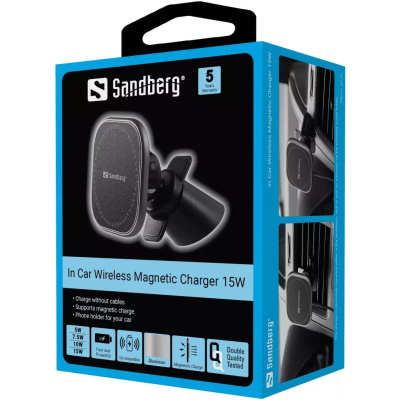Sandberg In Car Wireless Magnetic Charger 15W, Auto, USB, Wireless charging, 1.2 m, Black