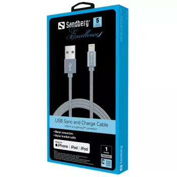 Sandberg Excellence Lightning Grey 1m, 1 m, Lightning, USB A, Grey, Straight, Straight