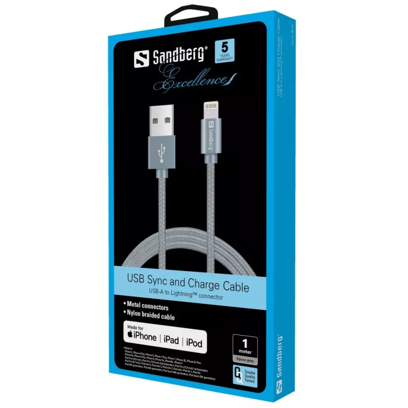Sandberg Excellence Lightning Grey 1m, 1 m, Lightning, USB A, Grey, Straight, Straight