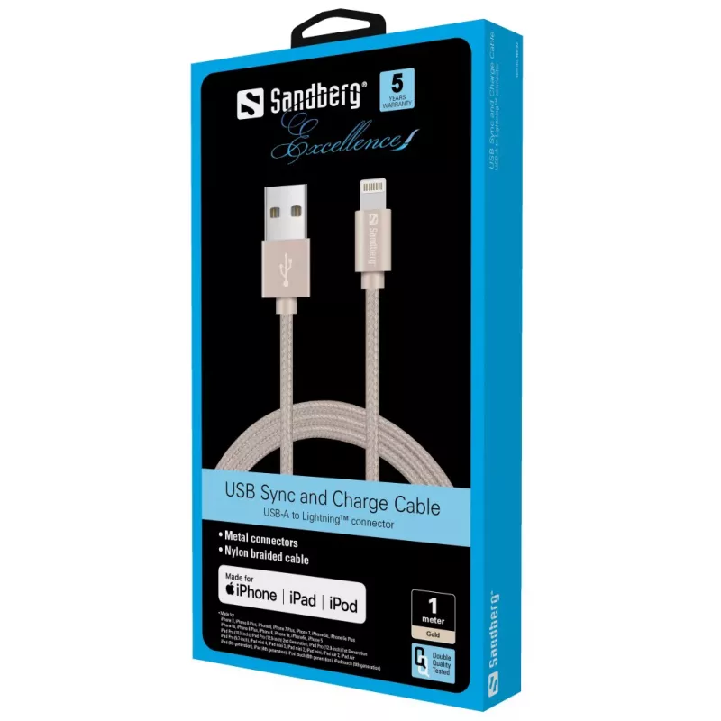 Sandberg Excellence Lightning Gold 1m, 1 m, Lightning, USB A, Gold, Straight, Straight
