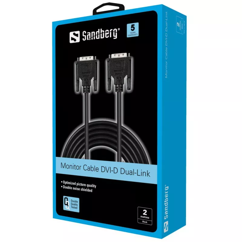 Sandberg Monitor Cable DVI-DVI 2 m, 2 m, Black, Male/Male, 145 mm, 35 mm, 205 mm