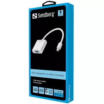 Sandberg Adapter Mini DisplayPort>VGA, Mini DisplayPort, VGA (D-Sub), Male, Female, 1920 x 1080 pixels, 1920 x 1080 (HD 1080)