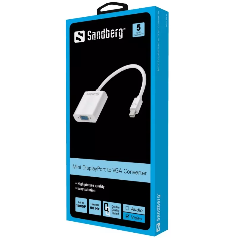 Sandberg Adapter Mini DisplayPort>VGA, Mini DisplayPort, VGA (D-Sub), Male, Female, 1920 x 1080 pixels, 1920 x 1080 (HD 1080)
