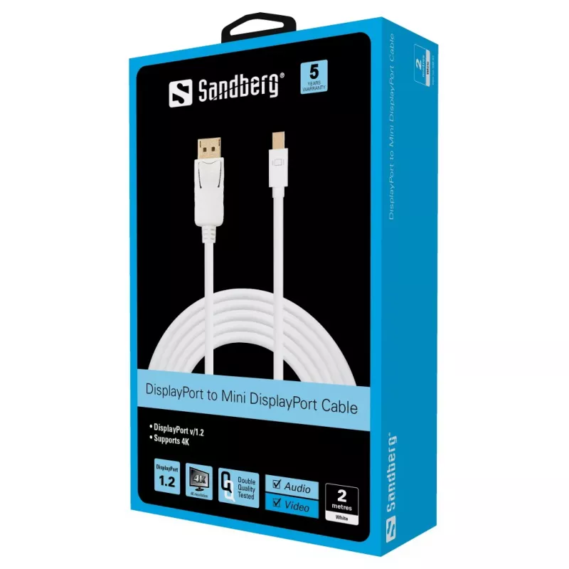 Sandberg DP-MiniDP 1.2 4K M-M 2m, 2 m, DisplayPort, Mini DisplayPort, Male, Male, White