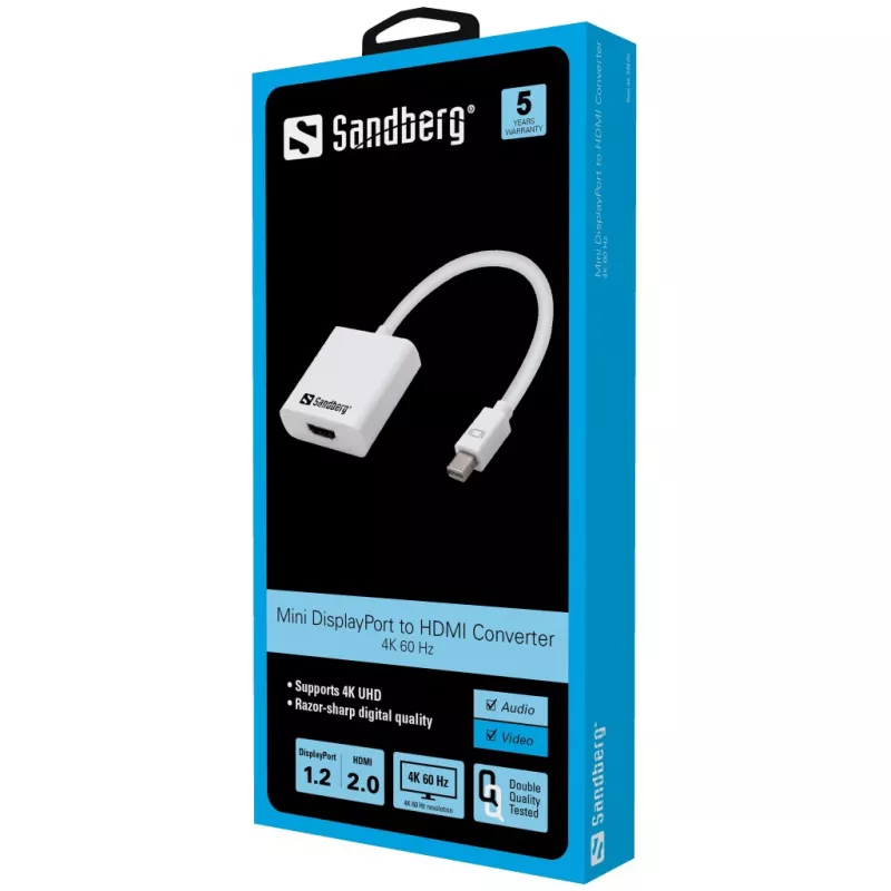 Sandberg Adapter MiniDP1.2>HDMI2.0 4K60, Mini DisplayPort, HDMI, Male, Female, 3840 x 2160 pixels, 6 Gbit/s