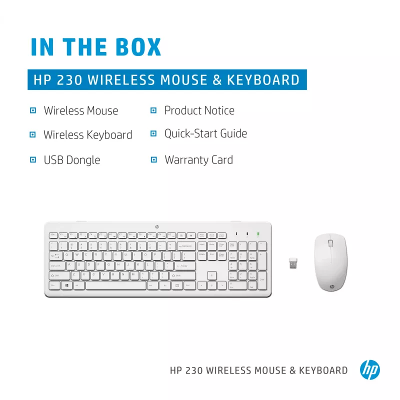 HP 230 Wireless Keyboard and Mouse Combo, Full-size, Membrane, White
