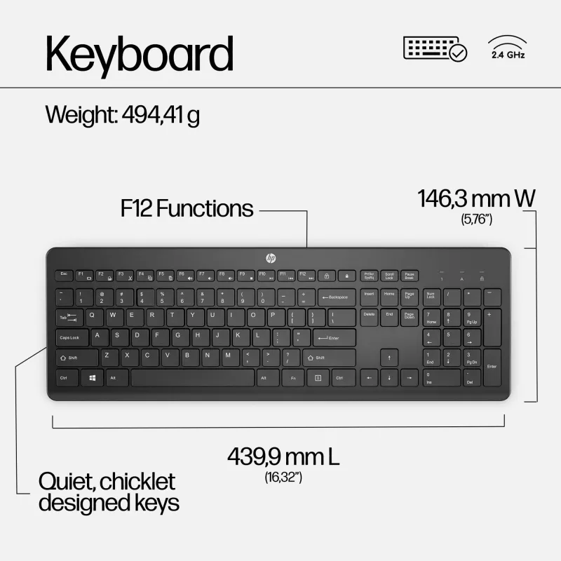 HP 230 Wireless Keyboard and Mouse Combo, Full-size, Membrane, White