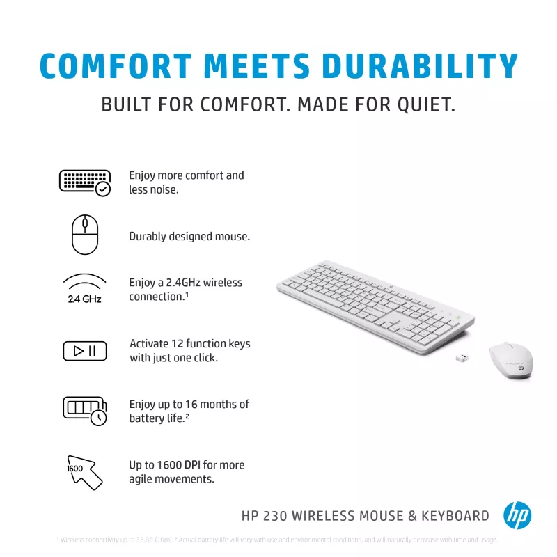 HP 230 Wireless Keyboard and Mouse Combo, Full-size, Membrane, White