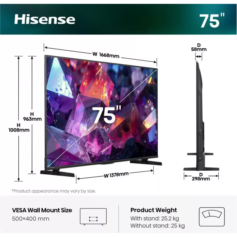Hisense 75E7S PRO TV 190.5 cm (75 inch) UHD+ Smart TV Wi-Fi Black 350 cd/m²