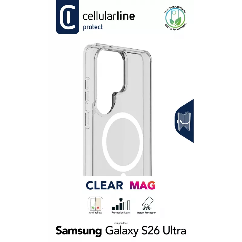 Cellularline Clear Mag - Galaxy S26 Ultra Ultra-resistant transparent case with rubber edge, compatible with the Qi2 ecosystem and magnetic accessories, treated to prevent yellowing.