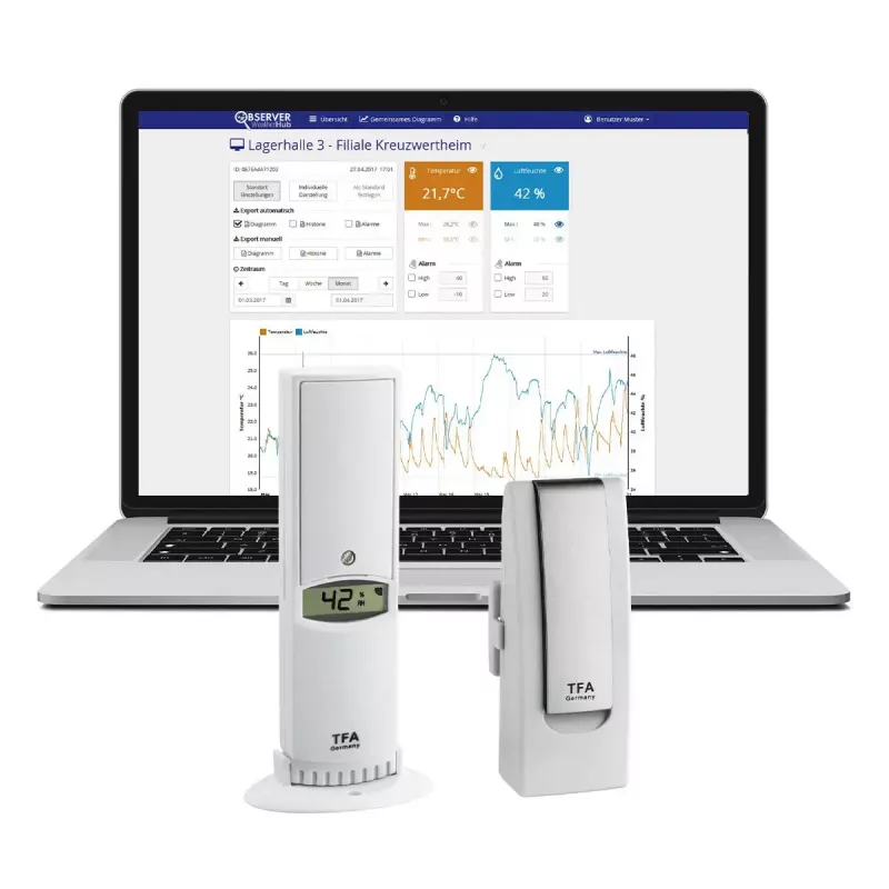 Environmental sensor tfa dostmann WeatherHub smart home Wireless — Humidity & Temperature, Wi‑Fi, AC/Battery (AA), 40×28×104 mm