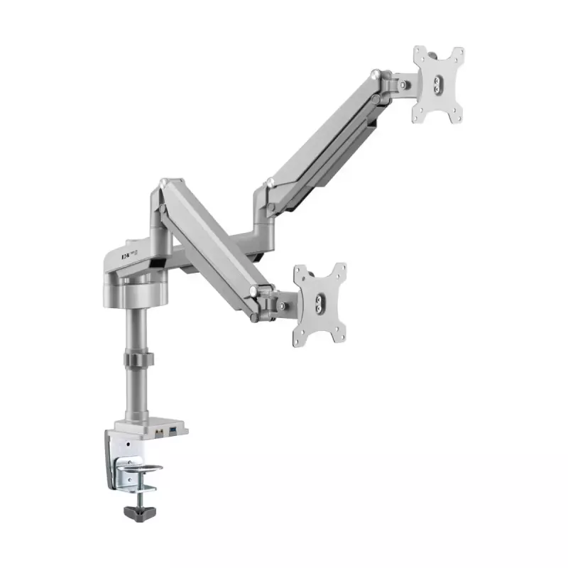 Dual-display gas-arm monitor mount Tripp Lite (EATON) DDR1732DAL for 13–34 inch screens, clamp or grommet, USB & audio ports, silver