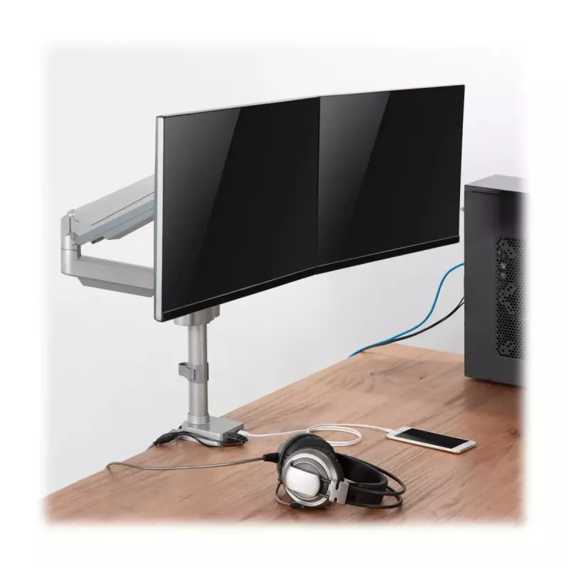 Dual-display gas-arm monitor mount Tripp Lite (EATON) DDR1732DAL for 13–34 inch screens, clamp or grommet, USB & audio ports, silver