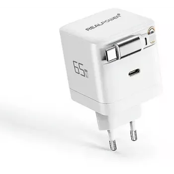 GaN Charger 65W by RealPower, 65 Watt, Dual USB-C ports, white