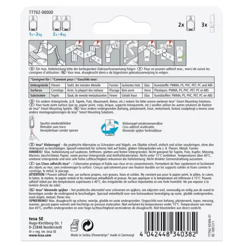 Universal indoor storage hook Tesa 77762-00000-01 — white, pack of 2