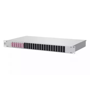 Rack-mount optical distribution unit BTR METZ CONNECT OpDAT 1U — SC connectors, grey aluminium/steel, 482.6×44.5×242.5 mm