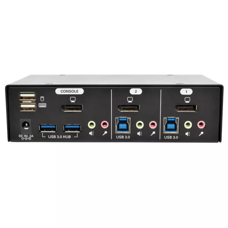 2-Port DisplayPort KVM Switch with Audio and USB 3.0 Hub EATON B004-DPUA2-K — DisplayPort, USB keyboard/mouse, 2560×1600, 1.2 m cables