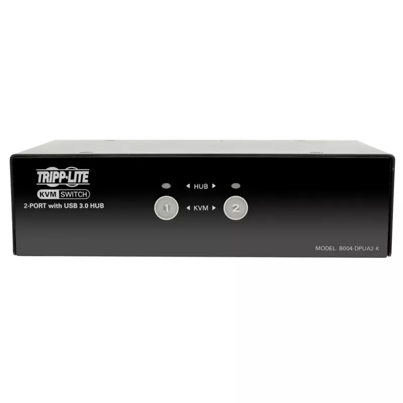 2-Port DisplayPort KVM Switch with Audio and USB 3.0 Hub EATON B004-DPUA2-K — DisplayPort, USB keyboard/mouse, 2560×1600, 1.2 m cables