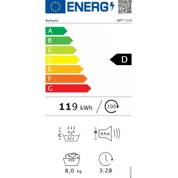 Freestanding front-load tumble dryer BOMANN WPT7154T — heat pump, 8 kg, Black/Grey, 64 dB, energy class D