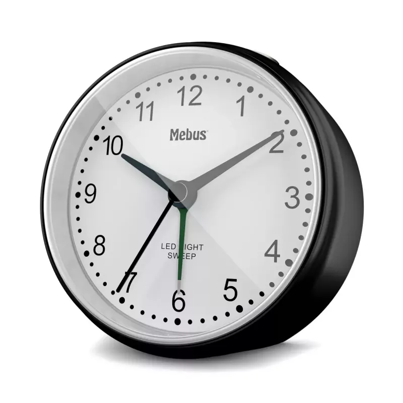 Quartz alarm clock Mebus 25806 Round Black White Analog Battery AA