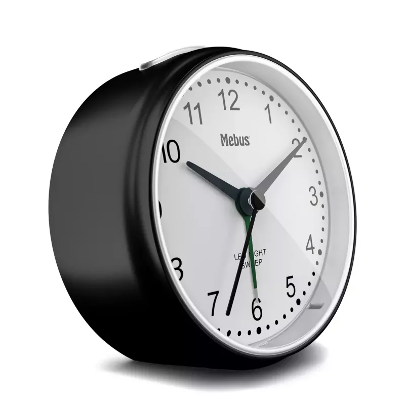 Quartz alarm clock Mebus 25806 Round Black White Analog Battery AA