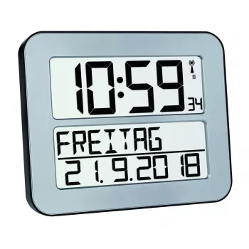 Digital alarm clock TFA 60.4512.54 — rectangular silver, battery AA, plastic housing, 30×212×258 mm
