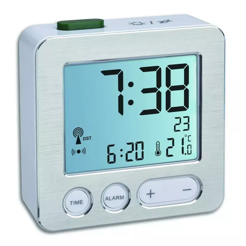 Digital alarm clock TFA 60.2545.54 — rectangular silver LCD, blue backlight, battery (AAA)