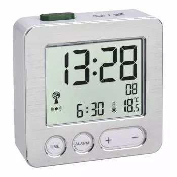 Digital alarm clock TFA 60.2545.54 — rectangular silver LCD, blue backlight, battery (AAA)