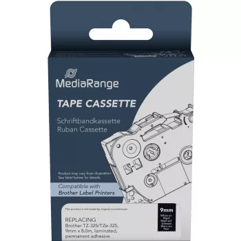 MediaRange Plastic tape cassette Brother TZ-325 permanent adhesive 9mm 8m white on black