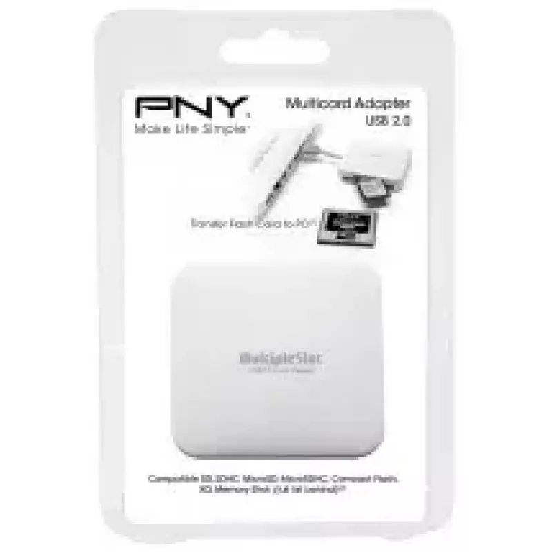 Card reader PNY All in One Reader — USB 2.0, 480 Mbit/s, supports CF/SD/MicroSD/MS/MiniSD/MMC, white, 54×54×13 mm, 29 g