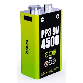 Rechargeable 9V Battery Pack VERICO LoopEnergy PP3 4500 — Li‑Ion, 2 pcs, 500 mAh, USB‑C charging