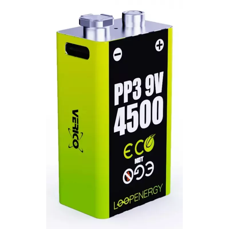 Rechargeable 9V Battery Pack VERICO LoopEnergy PP3 4500 — Li‑Ion, 2 pcs, 500 mAh, USB‑C charging