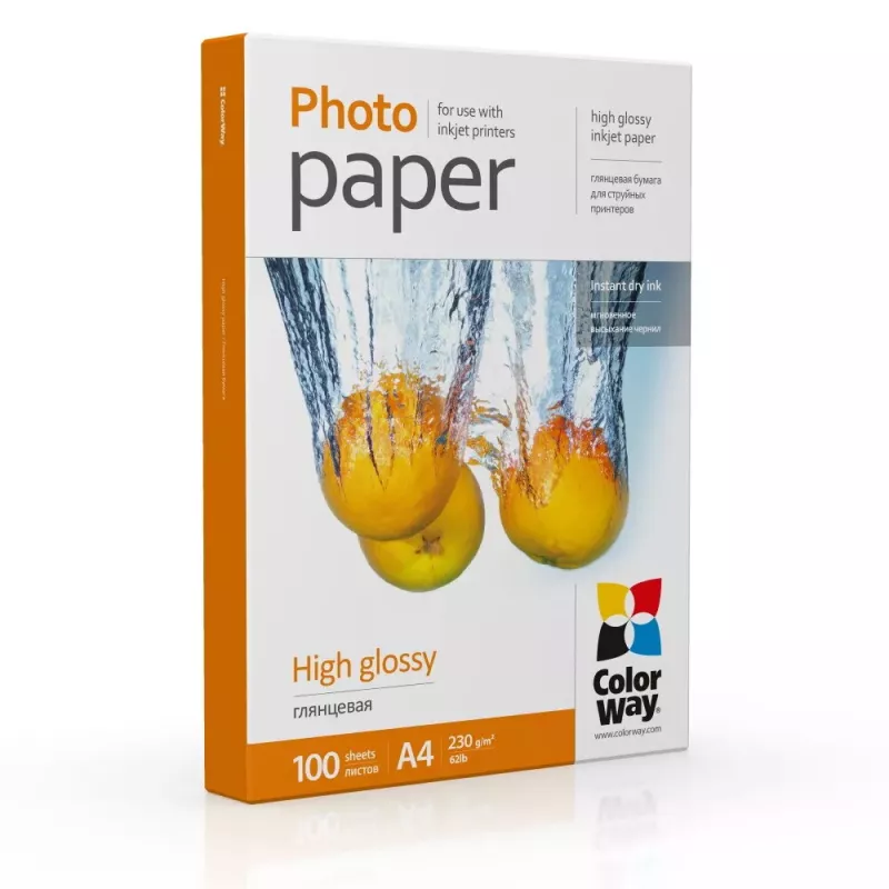 Photo Paper A4 ColorWay PG230100A4 — Glossy 230 g/m², 100 sheets, White