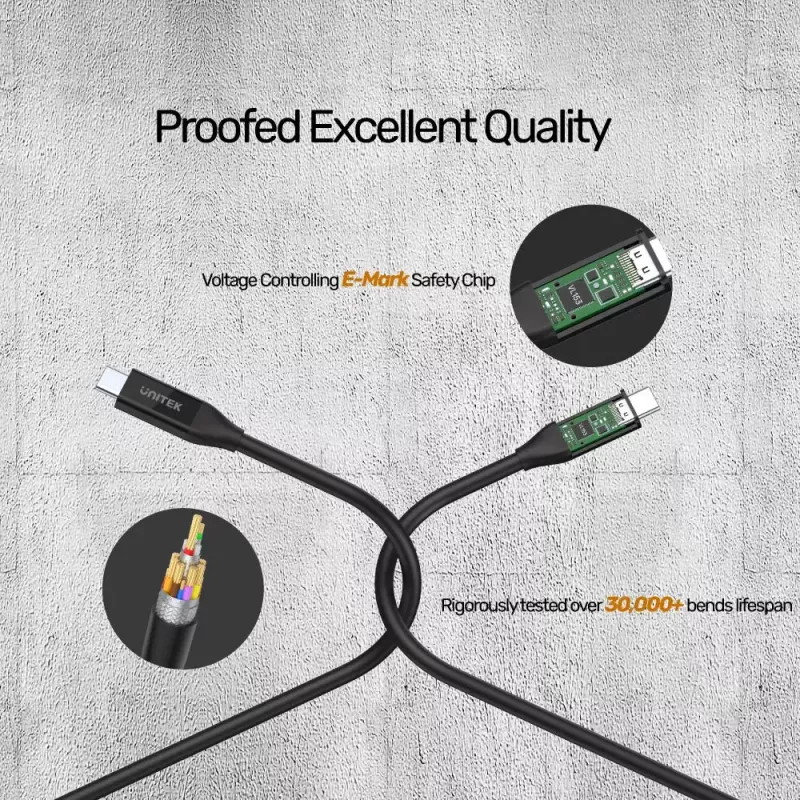 USB4 Gen 2x2 USB C cable Unitek C14100BK-0.8M — 0.8 m, USB-C to USB-C, 40 Gbit/s, black