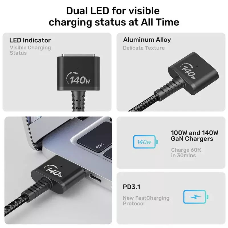 Power Cable UNITEK C14121BK-1M Black MagSafe 3 USB C 1m 28V 5A