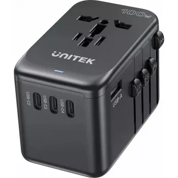 Travel charger Unitek P1123ABK01 — Unitek PD 100W, multi-region EU/US/UK/AUS plug