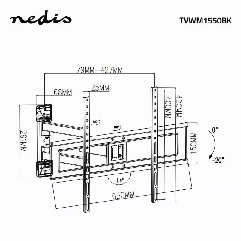 TV mount stand Nedis TVWM1550BK for 94–177.8 cm (37 inch–70 inch) screens, max VESA 600x400, max load 25 kg, black