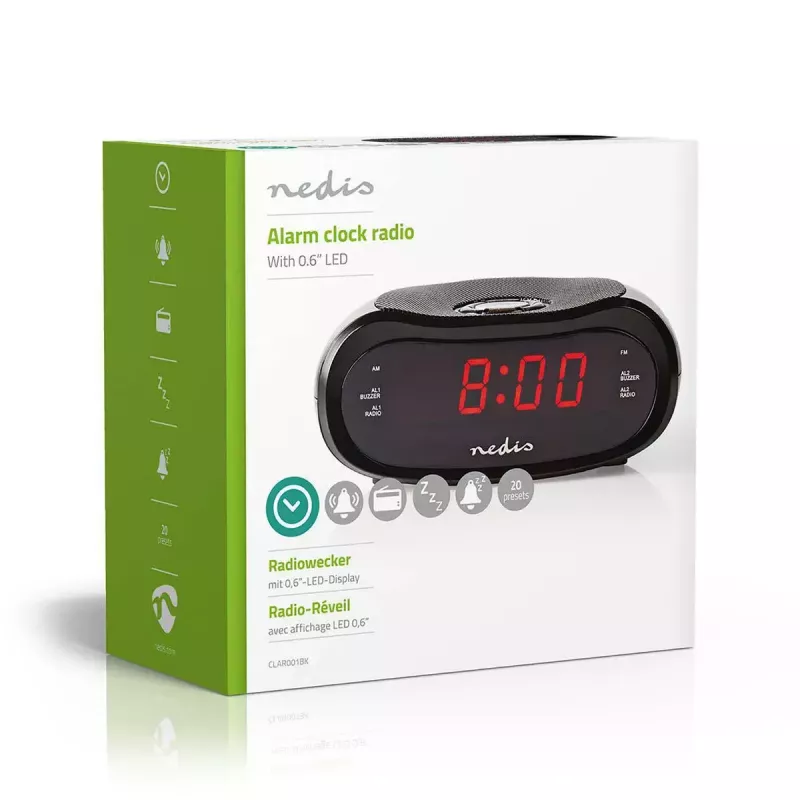 Digital alarm clock Nedis CLAR001BK — LED display, oval, 130×60×100 mm, 220–240 V, FM/AM, black