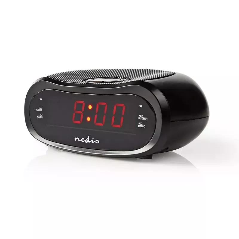 Digital alarm clock Nedis CLAR001BK — LED display, oval, 130×60×100 mm, 220–240 V, FM/AM, black