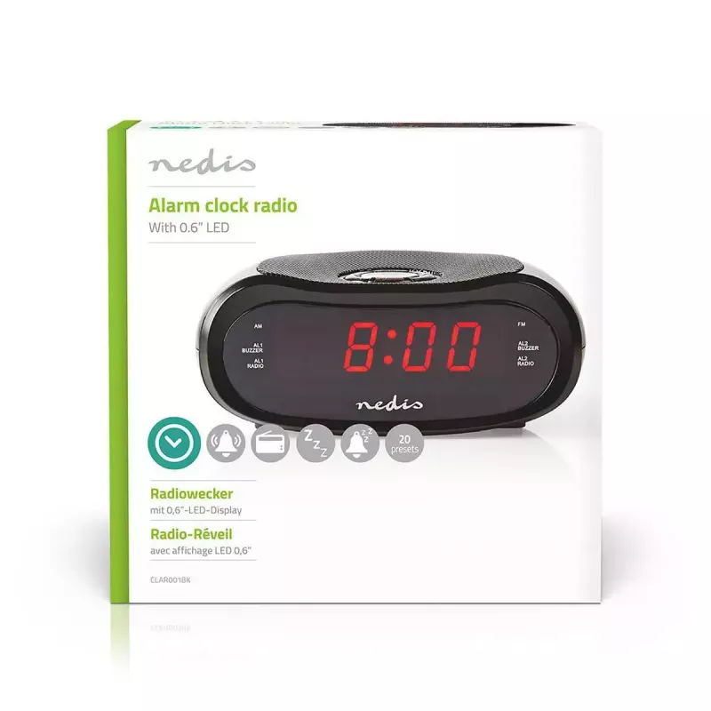 Digital alarm clock Nedis CLAR001BK — LED display, oval, 130×60×100 mm, 220–240 V, FM/AM, black