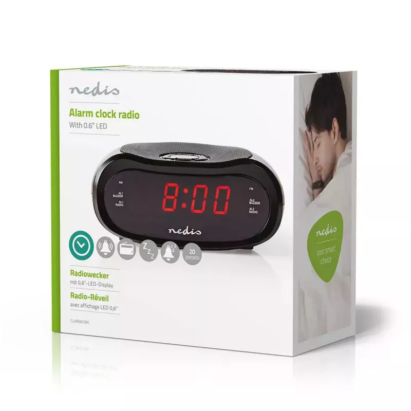 Digital alarm clock Nedis CLAR001BK — LED display, oval, 130×60×100 mm, 220–240 V, FM/AM, black