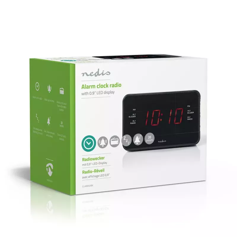 Digital alarm clock Nedis CLAR002BK — LED display, AC 220–240V, 130×80×70 mm, black