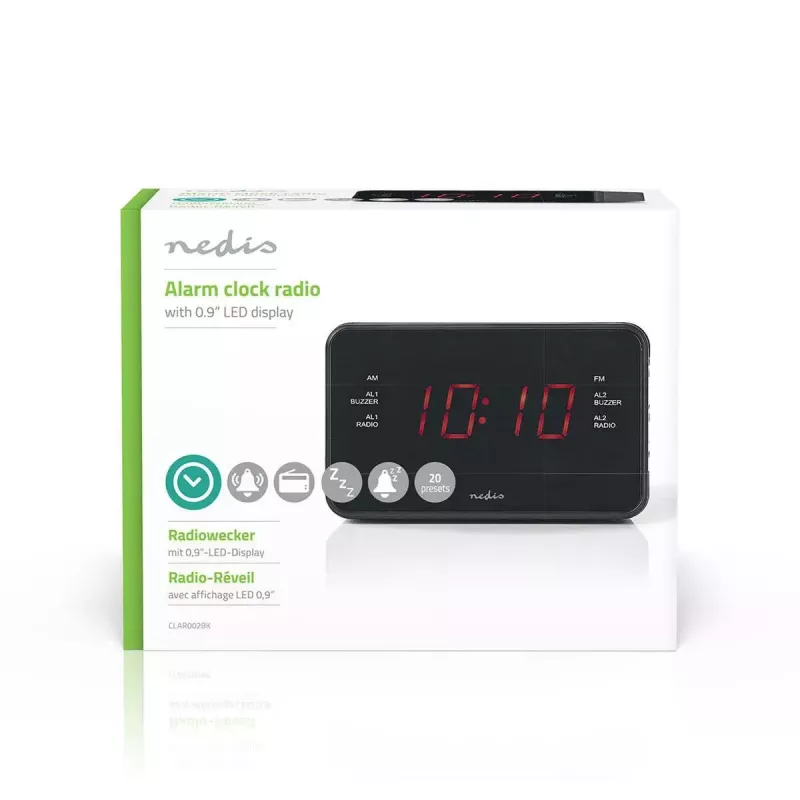 Digital alarm clock Nedis CLAR002BK — LED display, AC 220–240V, 130×80×70 mm, black