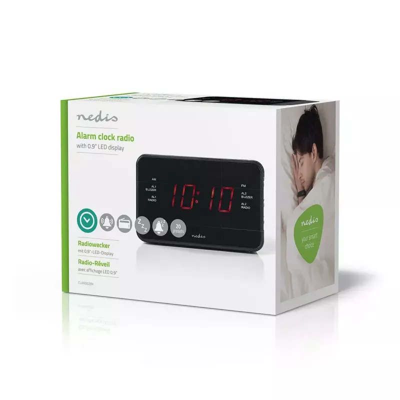 Digital alarm clock Nedis CLAR002BK — LED display, AC 220–240V, 130×80×70 mm, black