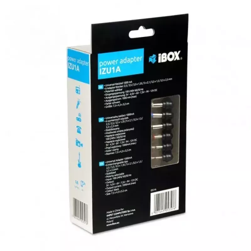 Power adapter IBOX IZU1A indoor 100–240V black, 75×35×43 mm